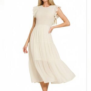 Zenana Woven Smocked Ruffle Sleeve Women's Midi Dress In Cream sz Small